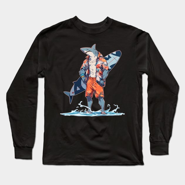 Meh Hawaiian Anime Shark Surfer Long Sleeve T-Shirt by DanielLiamGill